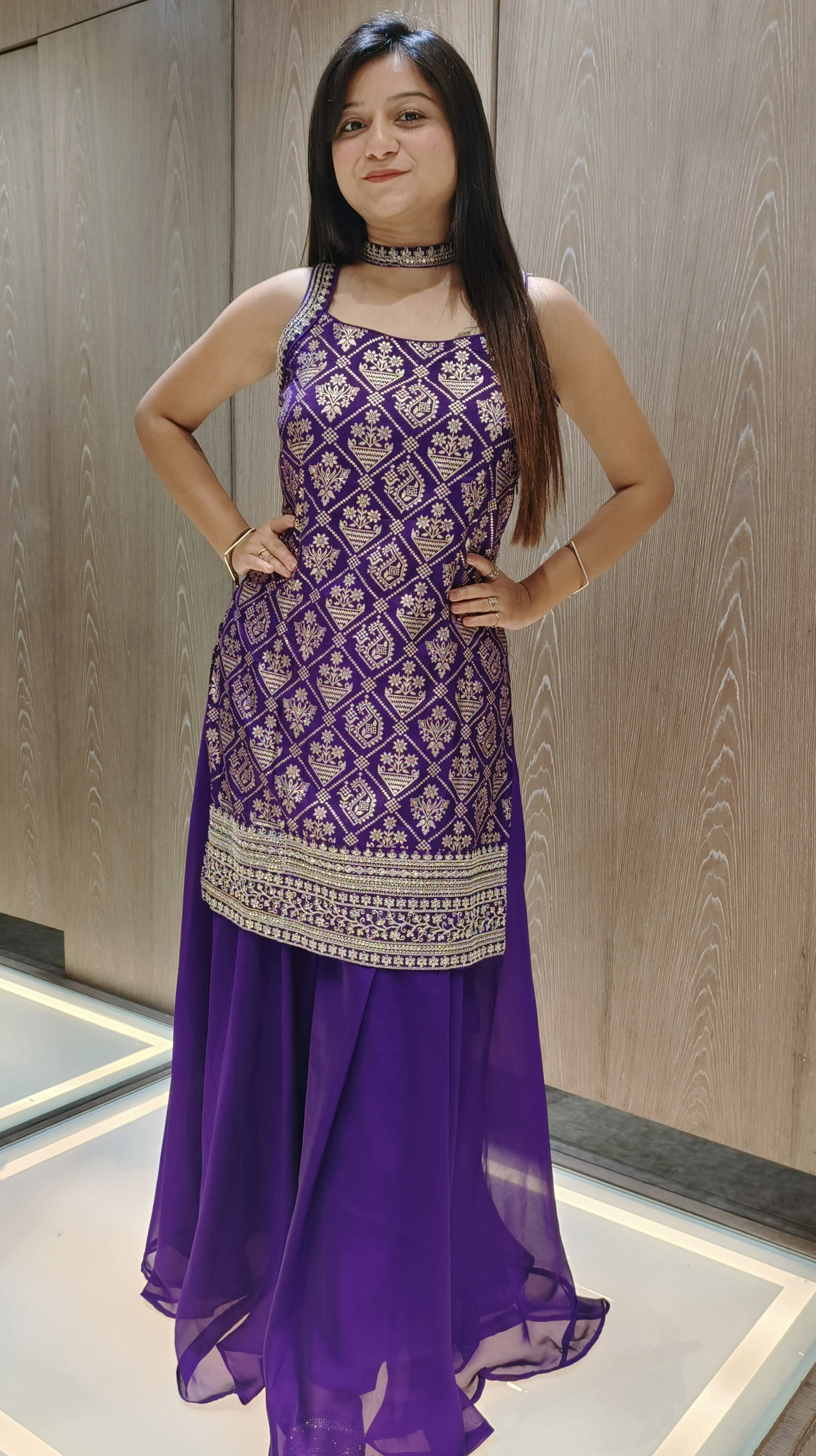 Purple Color Georgette And Silk Brocade Weaving Work Suit